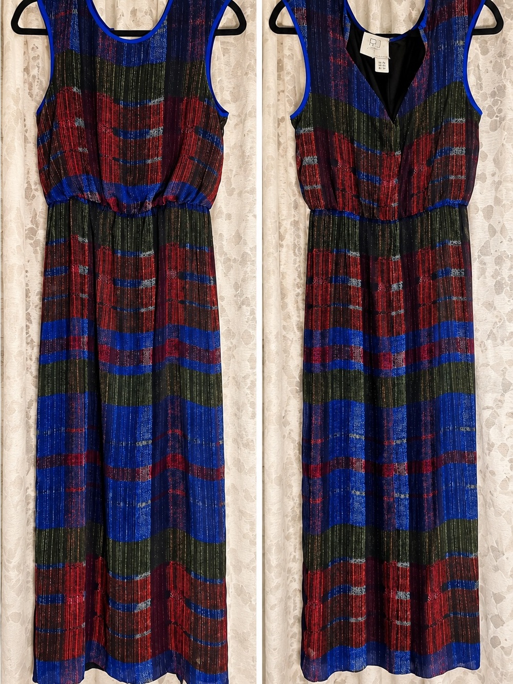 HD in Paris Size 2 Printed Maxi Dress Blue Burgundy Olive Sleeveless
